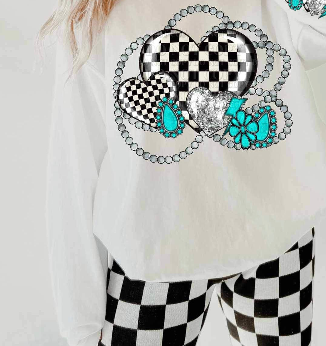 Checkered hearts with turquoise and pearls (AG) 21596 DTF transfer