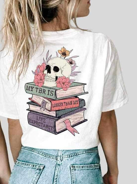 My tbr is (stack of books with skull and flowers) 11798 DTF transfer