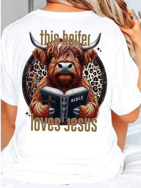 This heifer loves jesus shaggy cow with bible 24615 DTF transfer