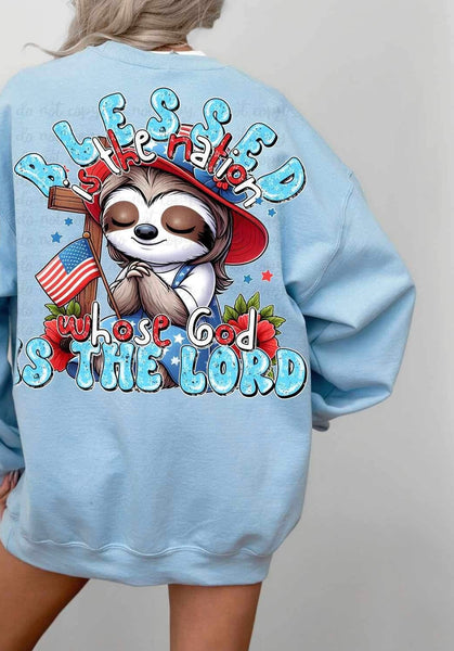 Blessed is the nation whose god is the lord patriotic sloth 24673 DTF transfer