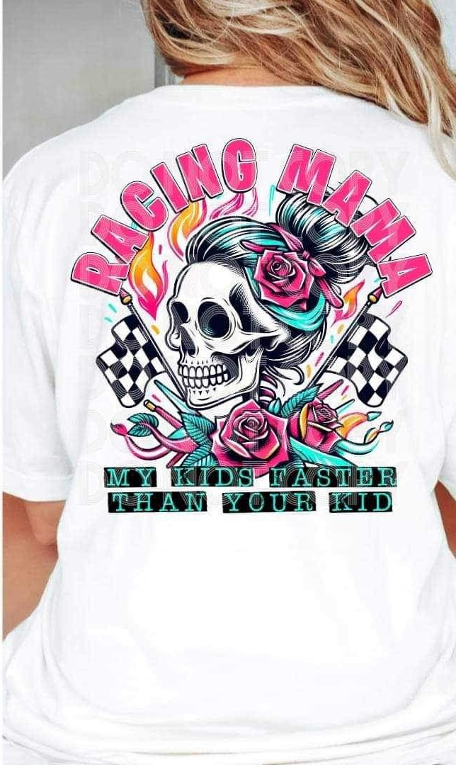 Racing mama my kids faster than your kids skull with racing flags 26147 DTF transfer