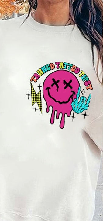 Tanned tatted tipsy pink happy face FRONT 33001 DTF transfer
