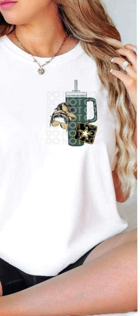 Messy bun, green cup, army badge 19422 DTF Transfer