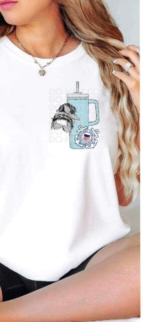 Messy bun, blue cup, coast guard badge 19428 DTF Transfer