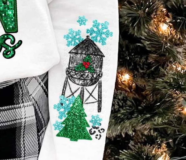 Sequin water tower, trees, and snowflakes SLEEVE 11571 DTF TRANSFER