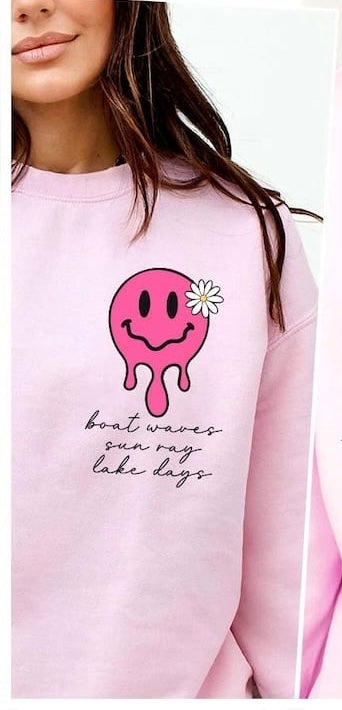 Boat waves sun rays lake days pink smiley black font 37571 DTF transfer