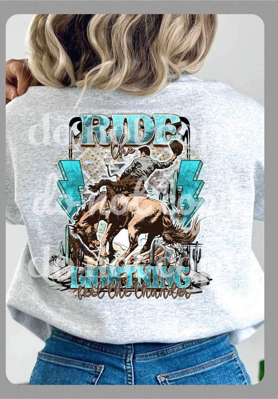 Ride the lightning feel the thunder (western scene with cowboy riding horse with blue lightning SSD) 15961 DTF transfer bc