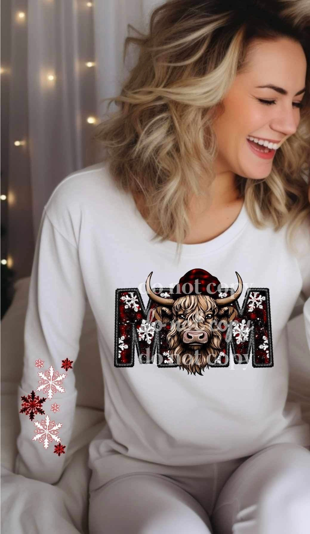 Mom (red and black embroidered with shaggy cow wearing beanie) FRONT ONLY 15646 DTF Transferd