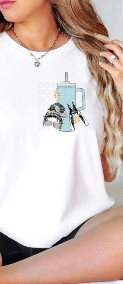 Messy bun, blue cup, electrical pliers 19455 DTF Transfer