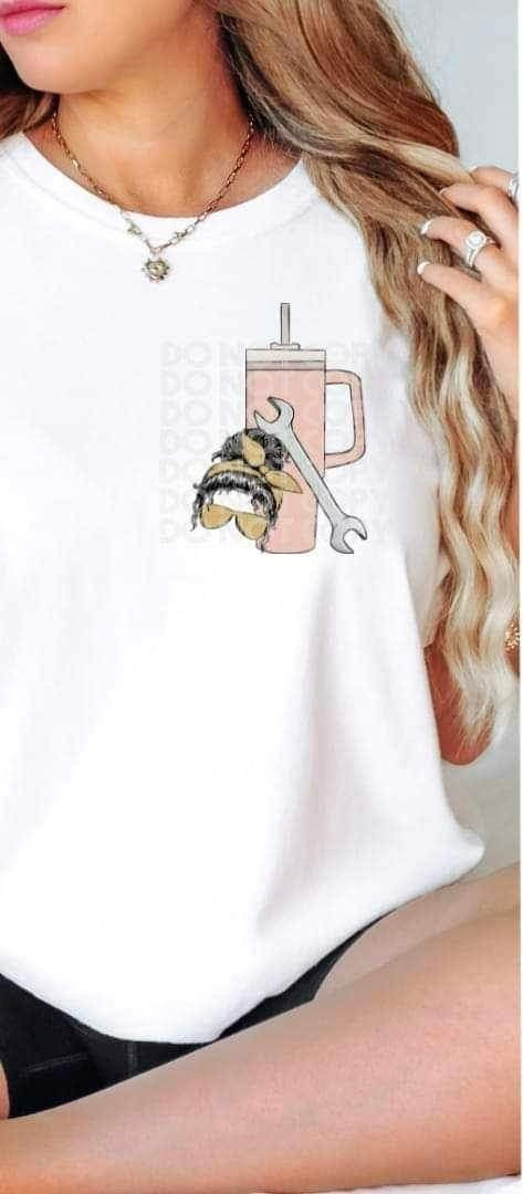 Messy bun, pink cup, tools 19465 DTF Transfer
