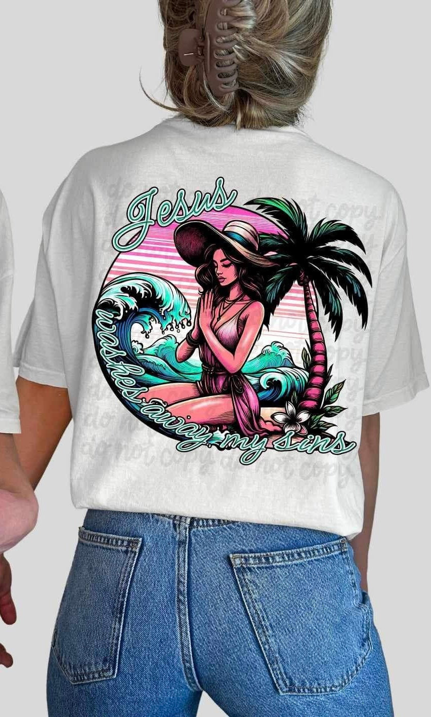 Jesus washes away my sins girl praying on beach 26522 DTF transfer