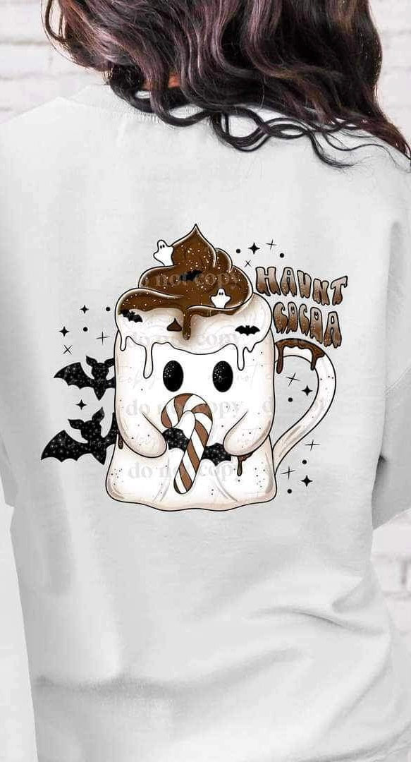 Haunt cocoa (ghost mug with candy cane and bats) 15832 DTF Transfer