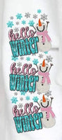 Hello winter (sequin with pink and blue font with snowman in pink scarf and snowflakes) SLEEVE 11763 DTF transfer