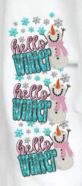 Hello winter (sequin with pink and blue font with snowman in pink scarf and snowflakes) SLEEVE 11763 DTF transfer