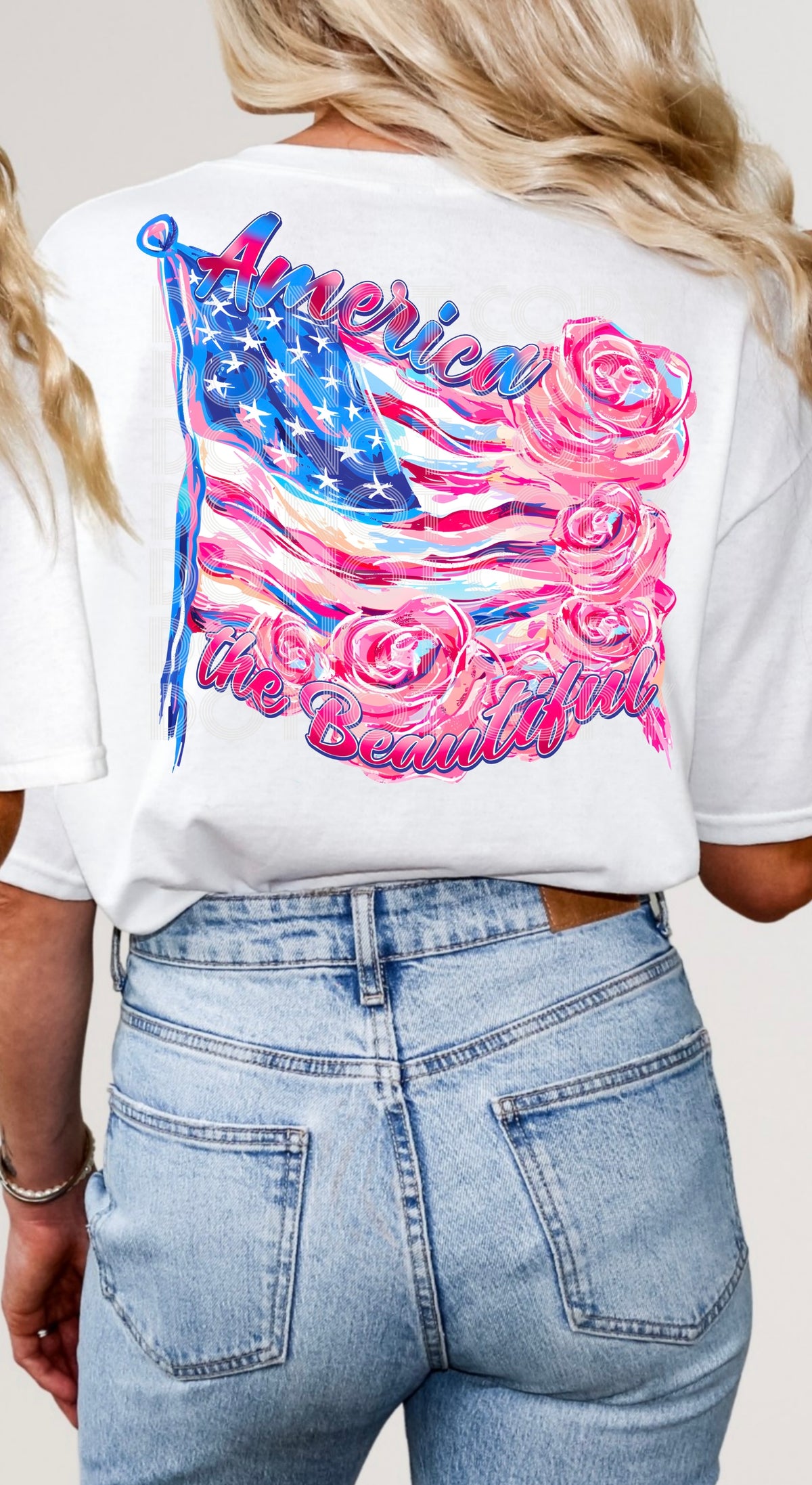 America the beautiful flag with pink roses 33632 DTF transfer