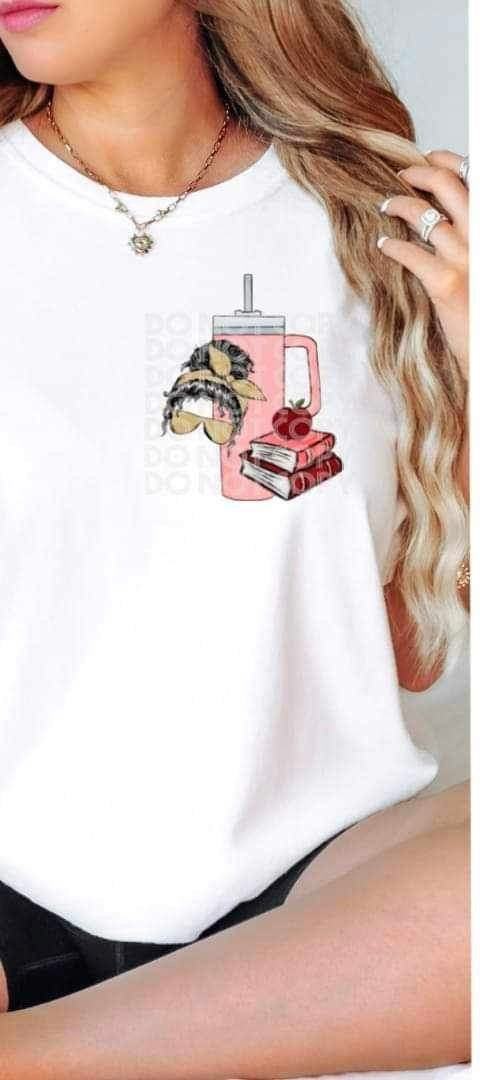 Messy bun, pink cup, stack of books 19463 DTF Transfer