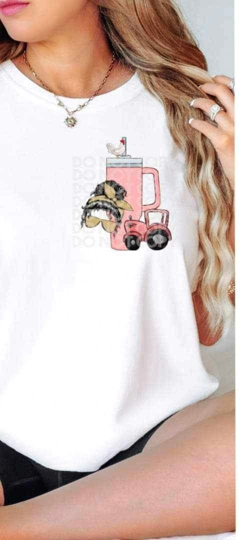 Messy bun, pink cup, tractor 19450 DTF Transfer