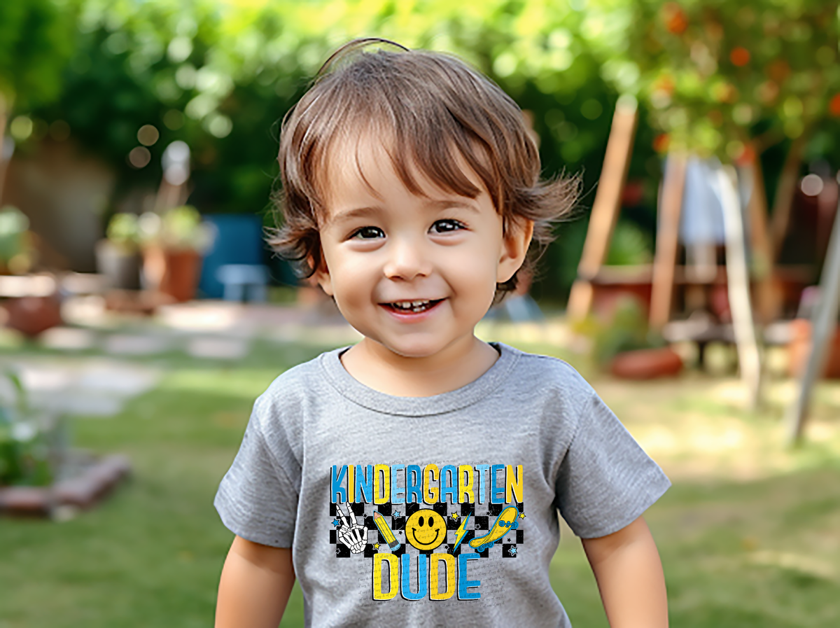 Kindergarten dude retro blue and yellow DTF transfer