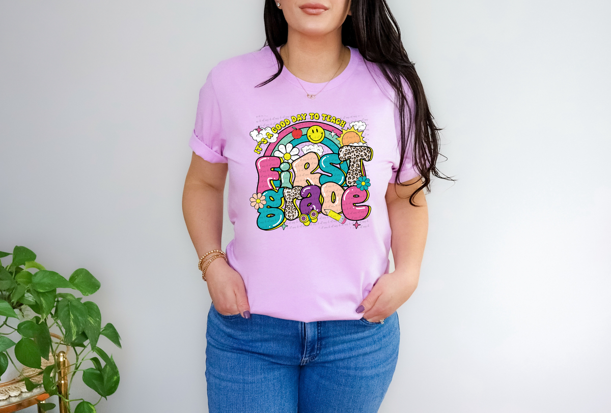 First grade retro rainbow DTF transfer
