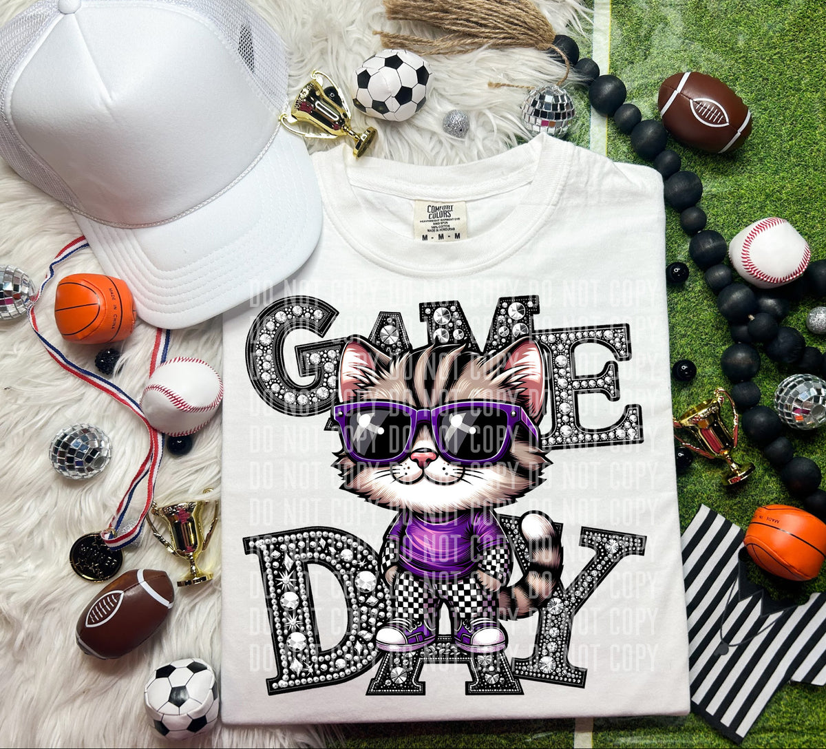 Game Day Silver Rhinestones Checkered Cat 54632 DTF transfer