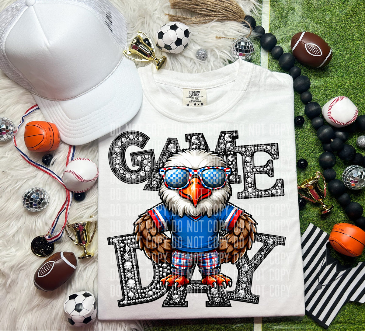 Game Day Silver Rhinestones Checkered Eagle 54634 DTF transfer