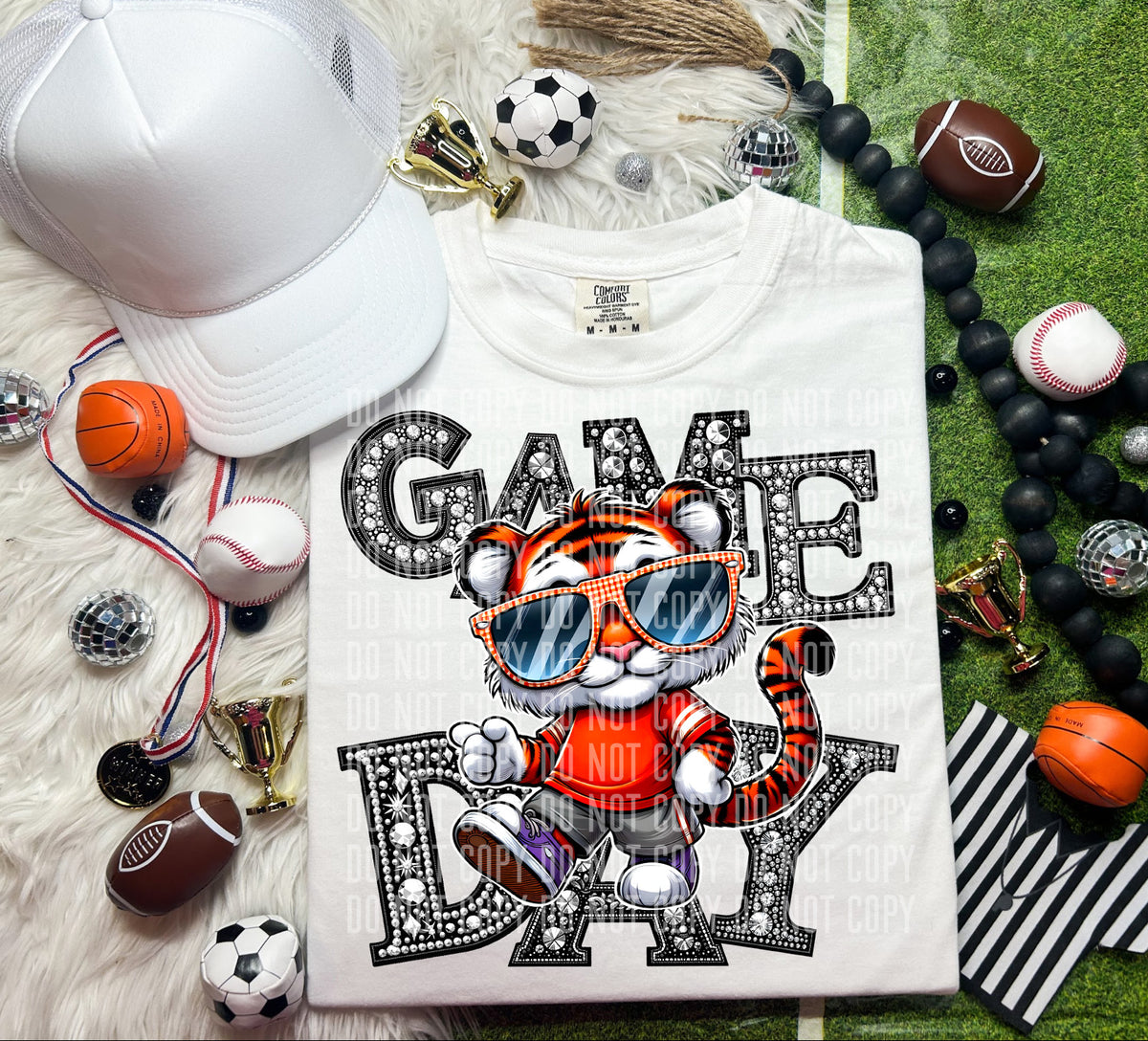 Game Day Silver Rhinestones Checkered Tiger 54635 DTF transfer