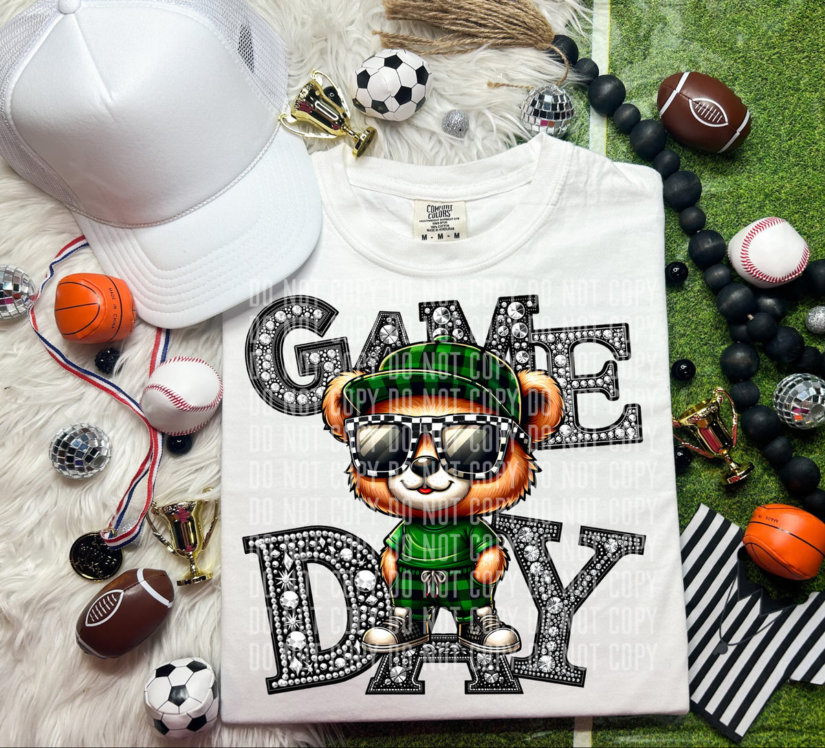 Game Day Silver Rhinestones Checkered Bear 54543 DTF transfer