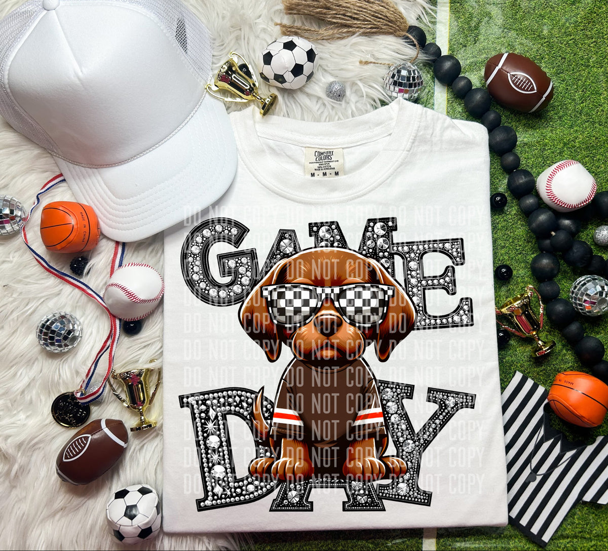 Game Day Silver Rhinestones Checkered Dog 54544 DTF transfer
