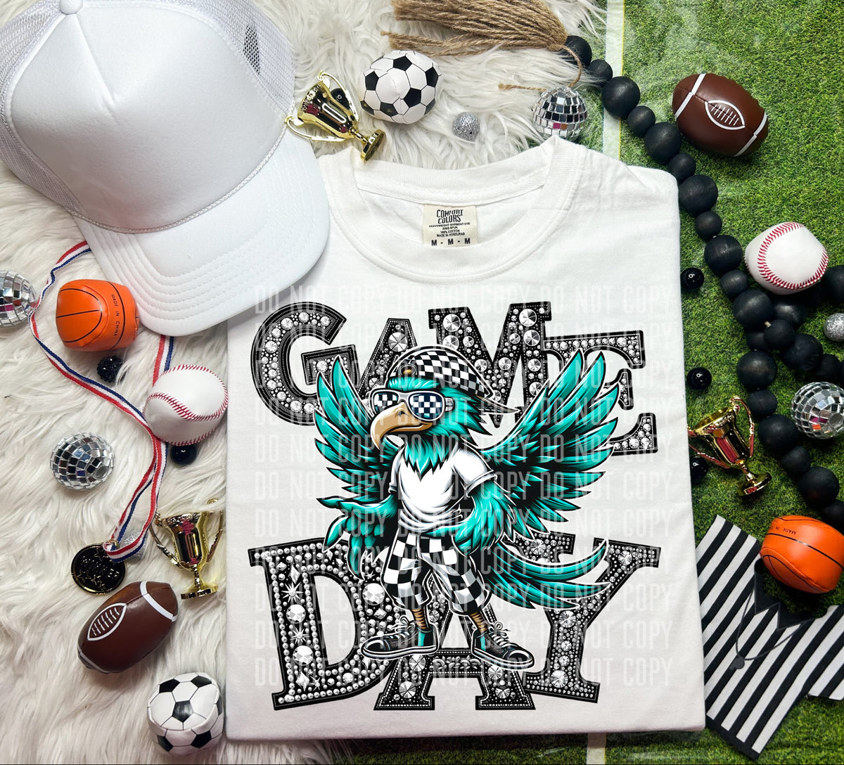 Game Day Silver Rhinestones Checkered Eagle 54545 DTF transfer