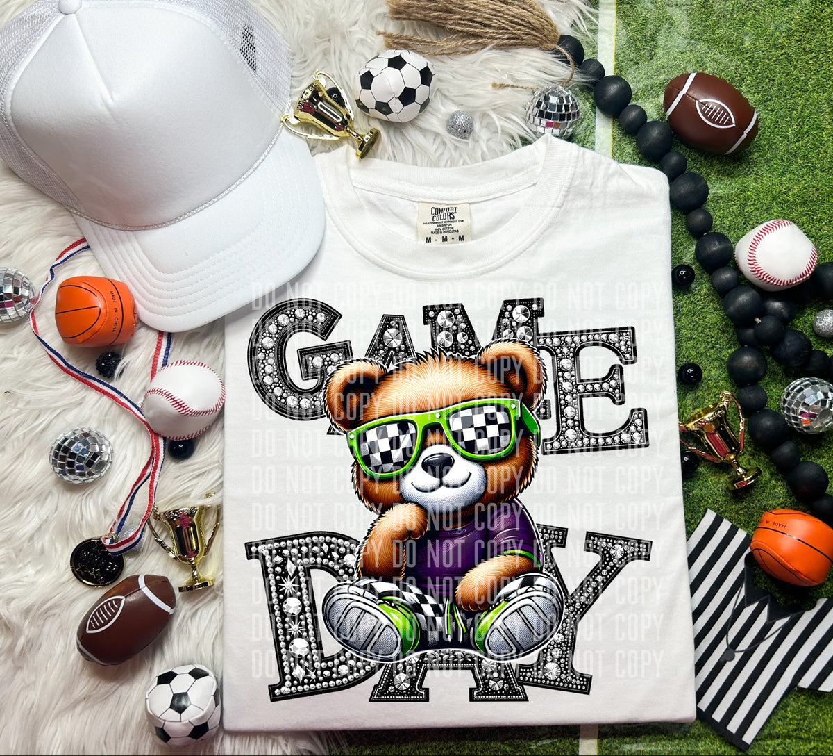 Game Day Silver Rhinestones Checkered Bear 54547 DTF transfer