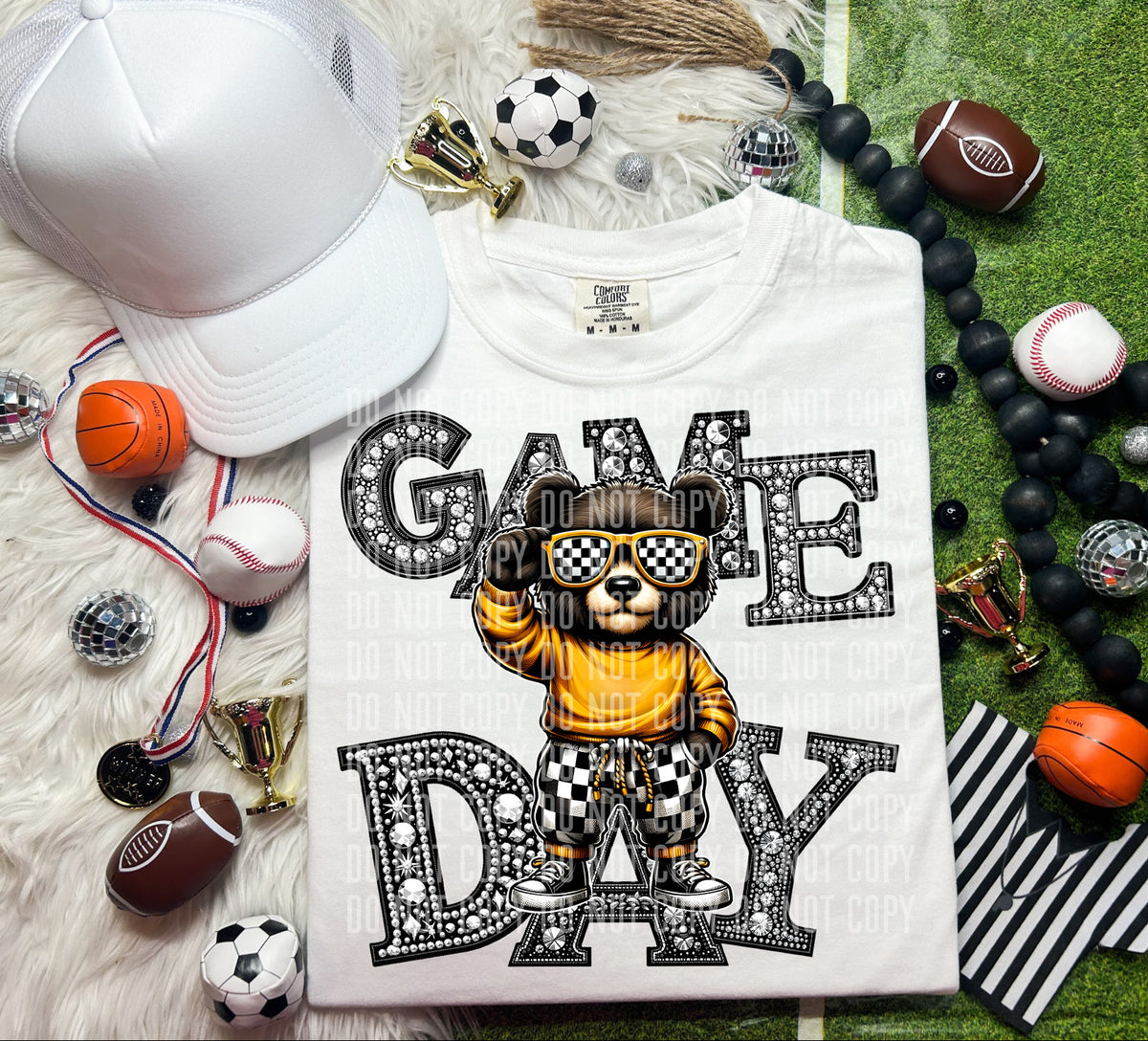 Game Day  Silver Rhinestones Checkered Bear 54549 DTF transfer