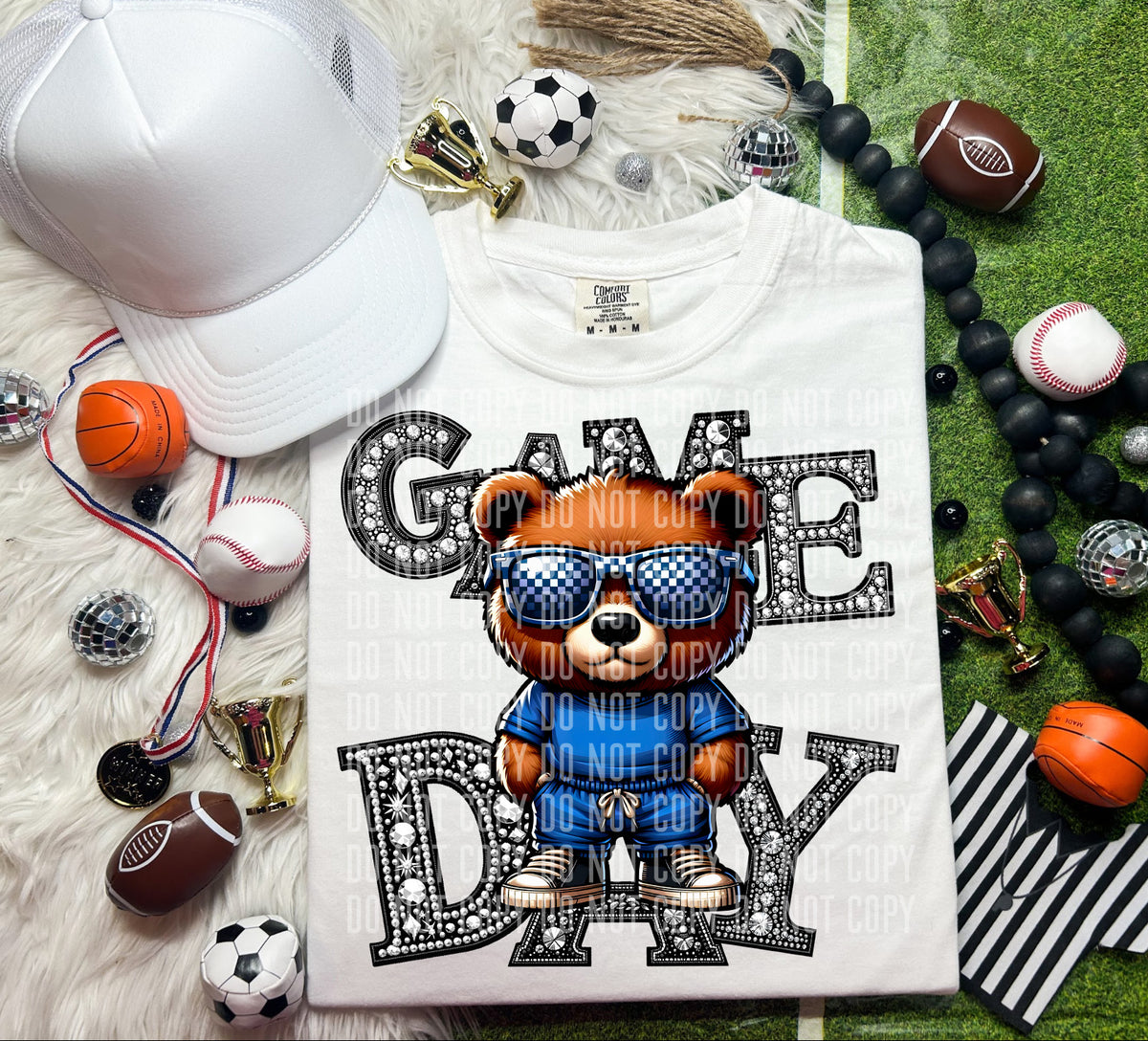 Game Day Silver Rhinestones Checkered Bear 54550 DTF transfer