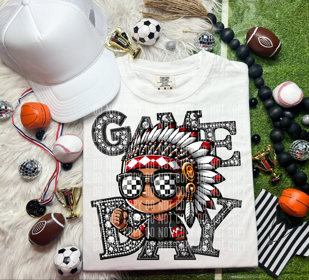 Game Day  Silver Rhinestones Checkered Indian Chief 54551 DTF transfer