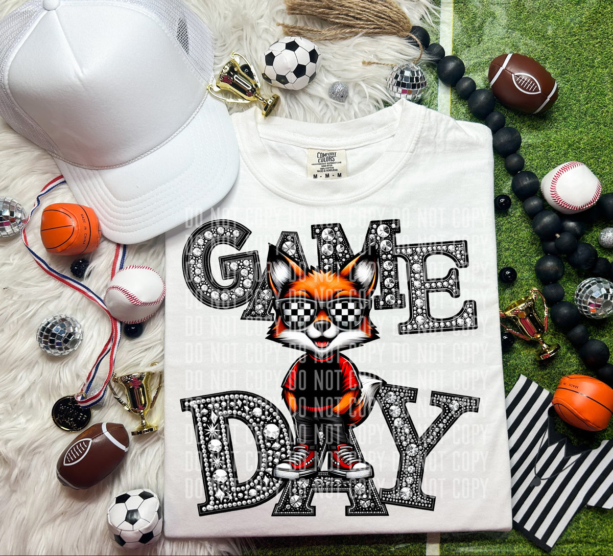 Game Day Silver Rhinestones Checkered Red Fox 54552 DTF transfer