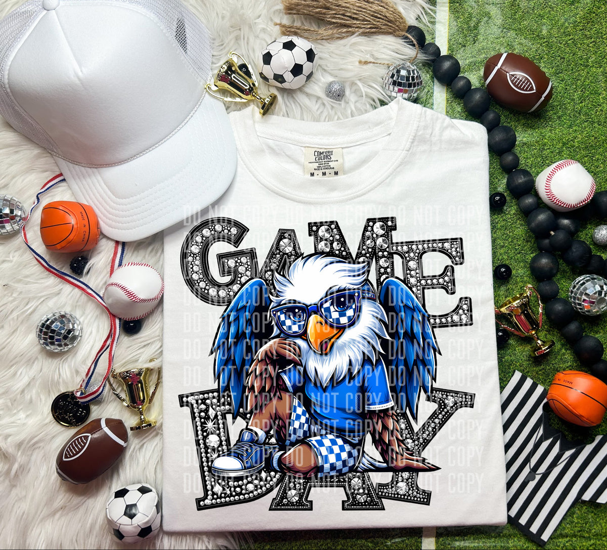 Game Day Silver Rhinestones Checkered Blue Eagle 54556 DTF transfer