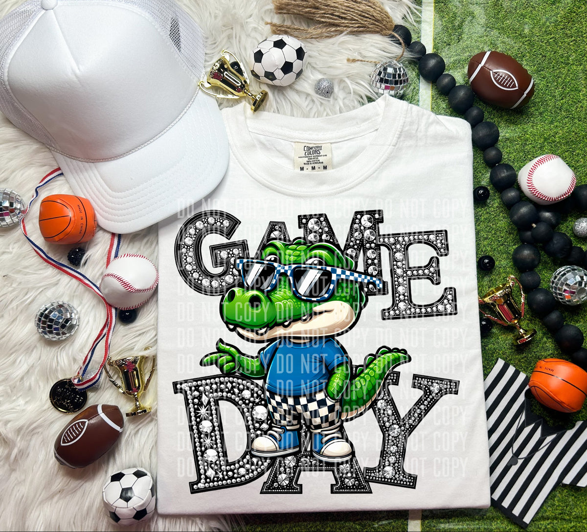 Game Day Silver Rhinestones Checkered Gator 54559 DTF transfer