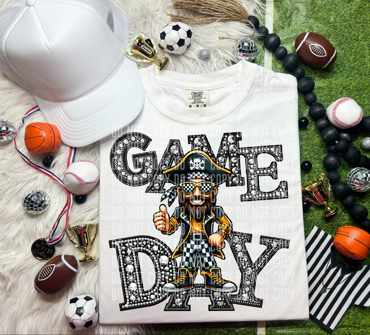 Game Day Silver Rhinestones Checkered Pirate 54561 DTF transfer
