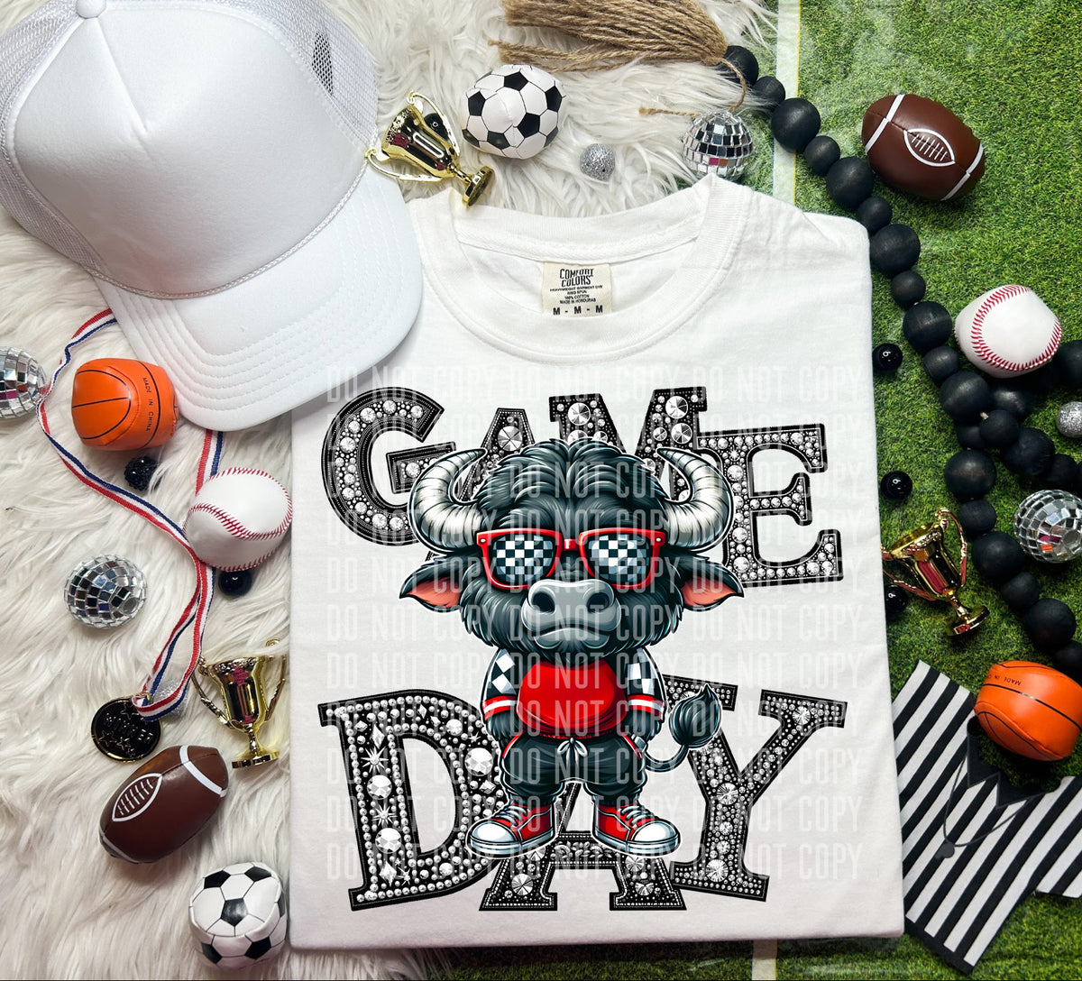 Game Day  Silver Rhinestones Checkered Bull 54534 DTF transfer