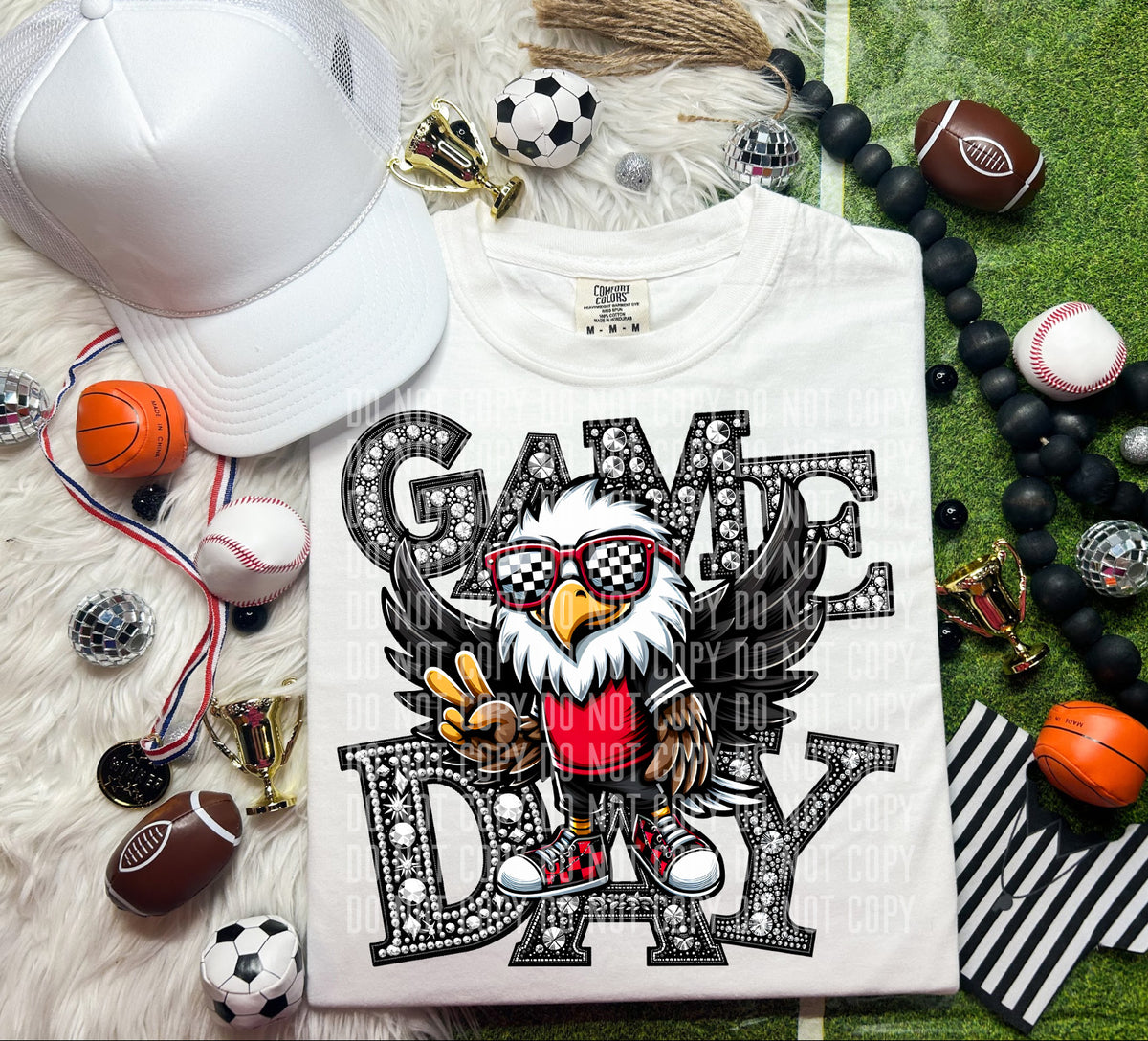 Game Day Silver Rhinestones Checkered Eagle 54564 DTF transfer