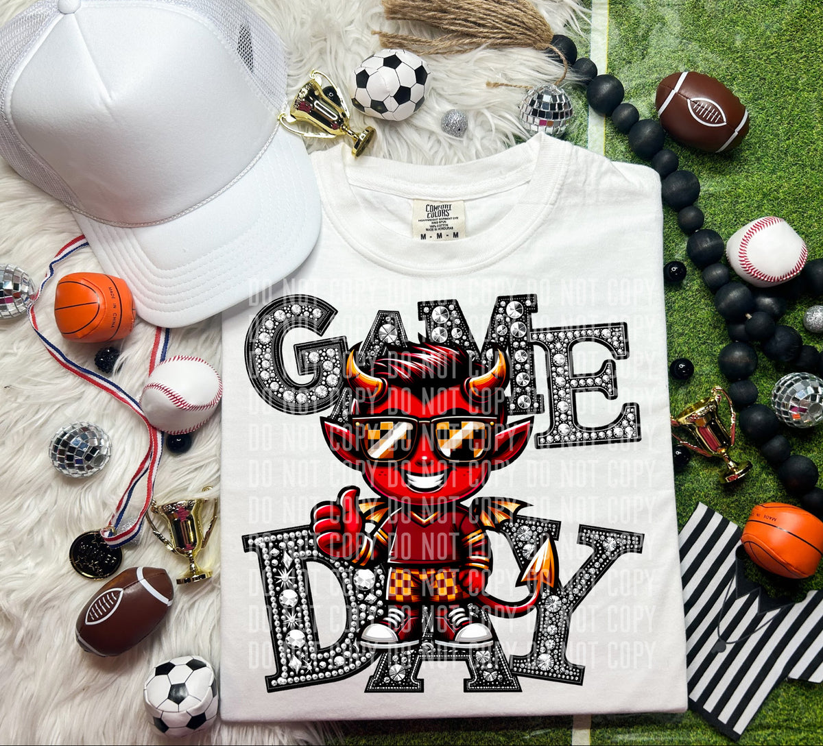 Game Day Silver Rhinestones Checkered Red Devil 54566 DTF transfer