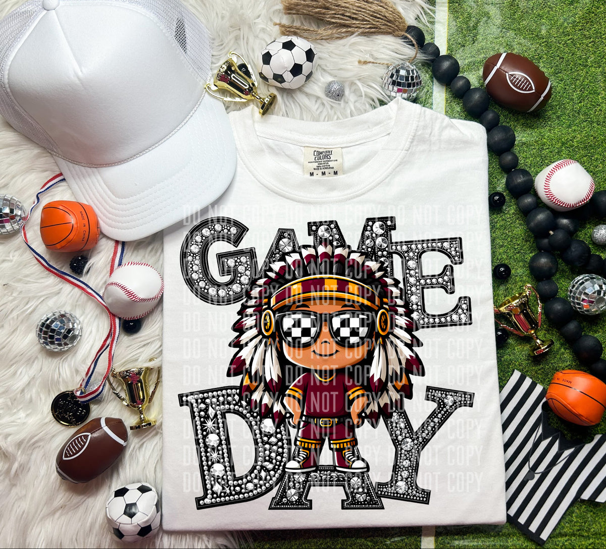 Game Day Silver Rhinestones Checkered Indian 54569 DTF transfer