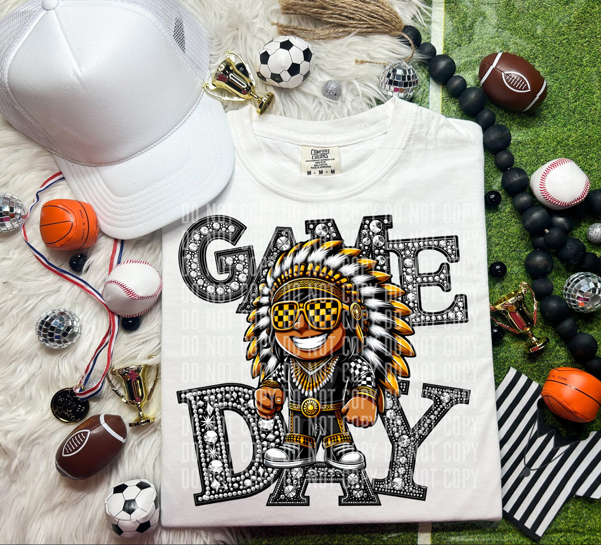 Game Day Silver Rhinestones Checkered Indian 54570 DTF transfer