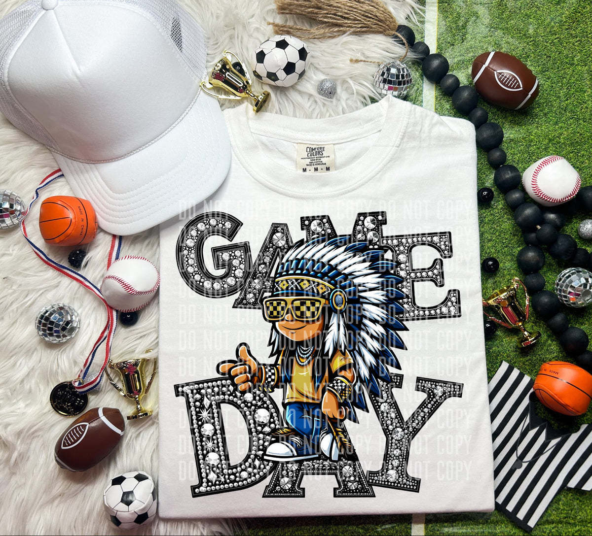 Game Day Silver Rhinestones Checkered Indian 54575 DTF transfer