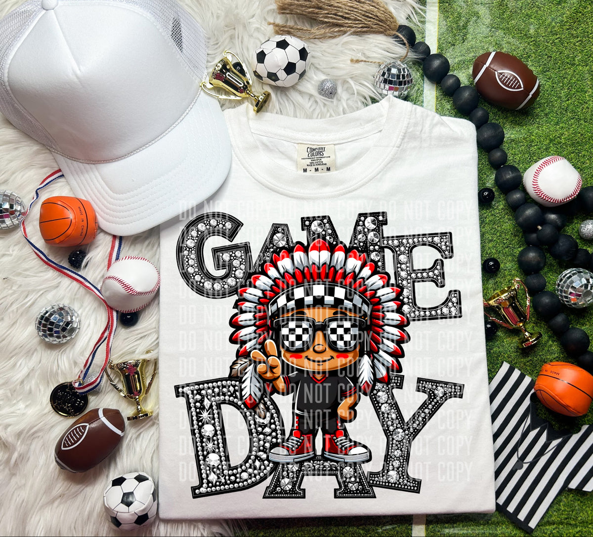 Game Day Silver Rhinestones Checkered Indian 54577 DTF transfer