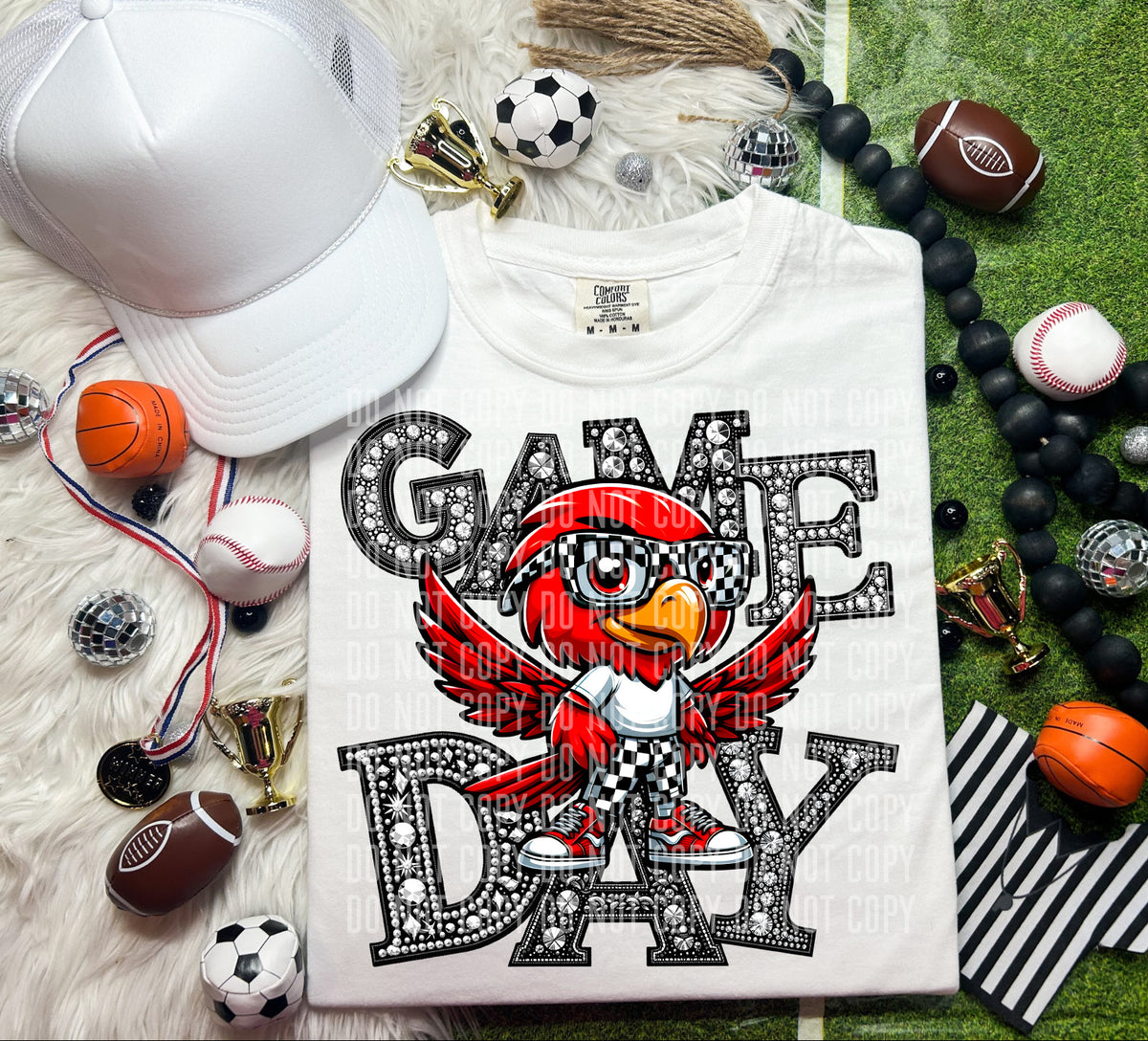Game Day Silver Rhinestones Checkered Cardinal 54582 DTF transfer