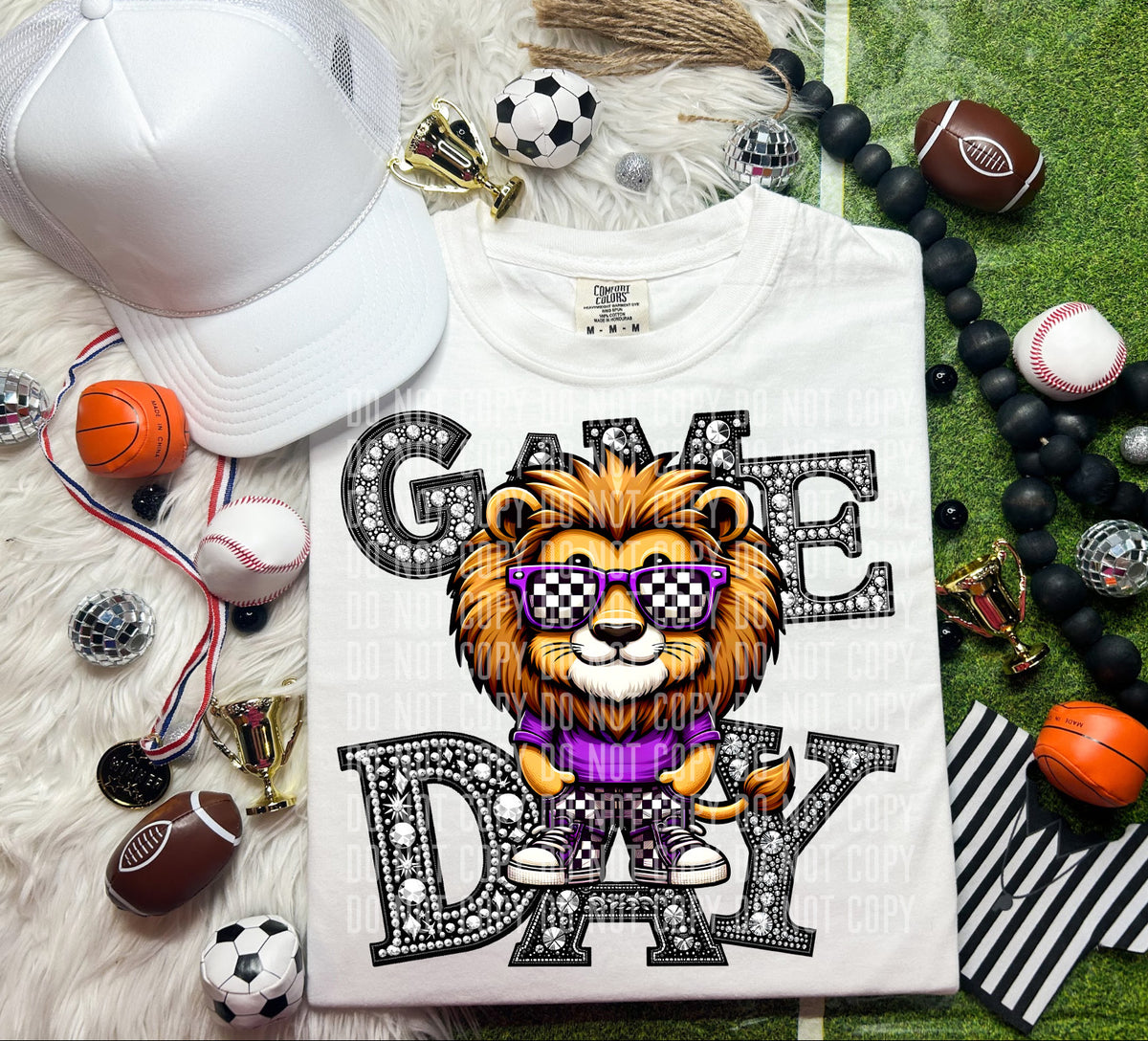 Game Day  Silver Rhinestones Checkered Lion 54584 DTF transfer