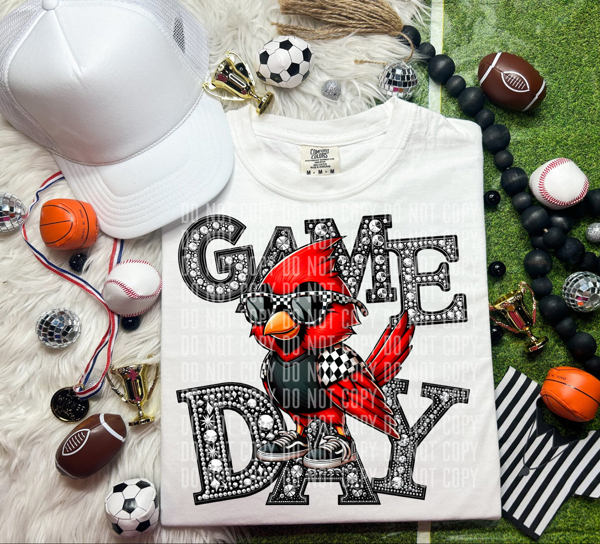 Game Day Silver Rhinestones Checkered Cardinal 54585 DTF transfer