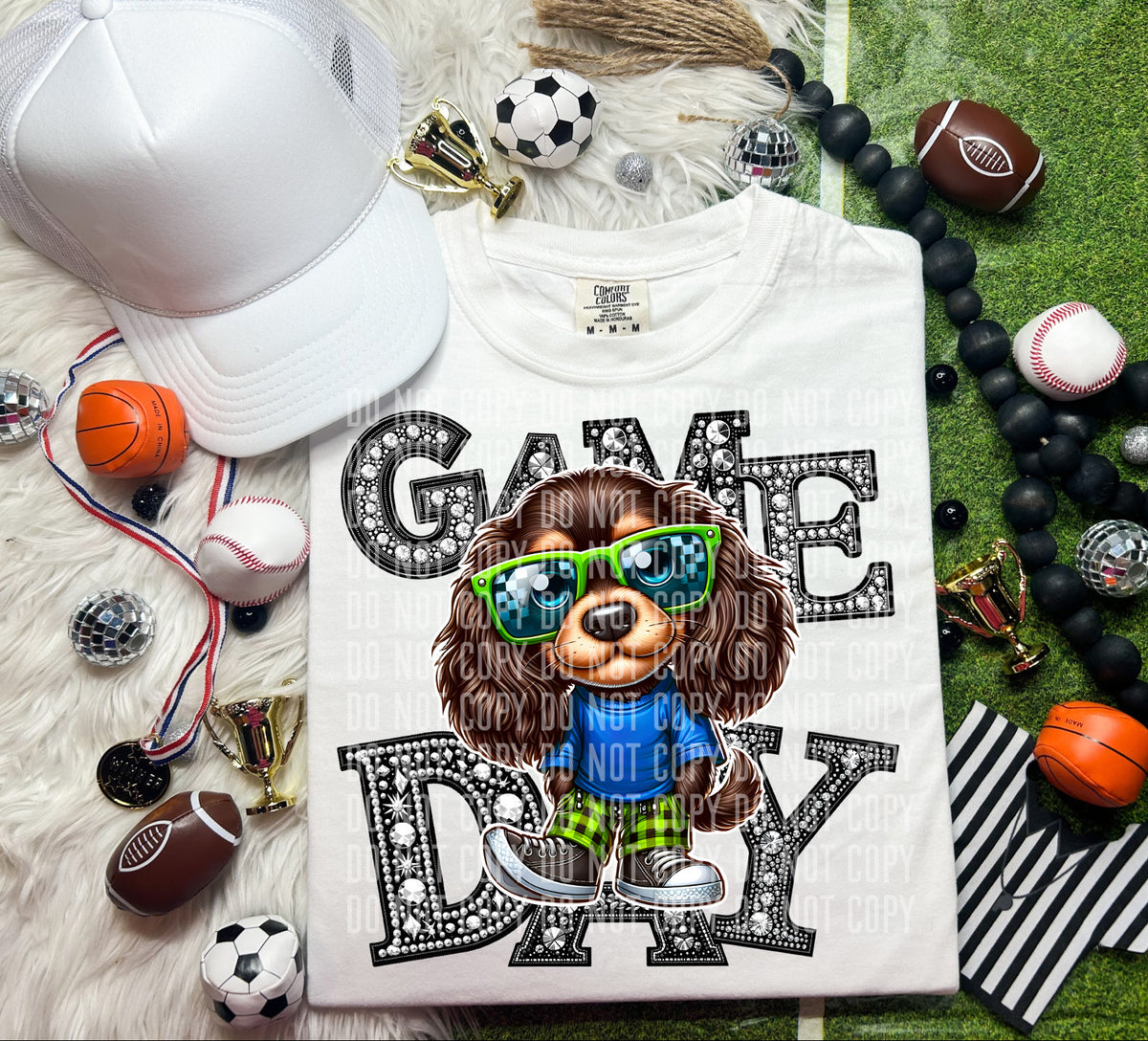 Game Day Silver Rhinestones Checkered Long Ear Puppy 54590 DTF transfer
