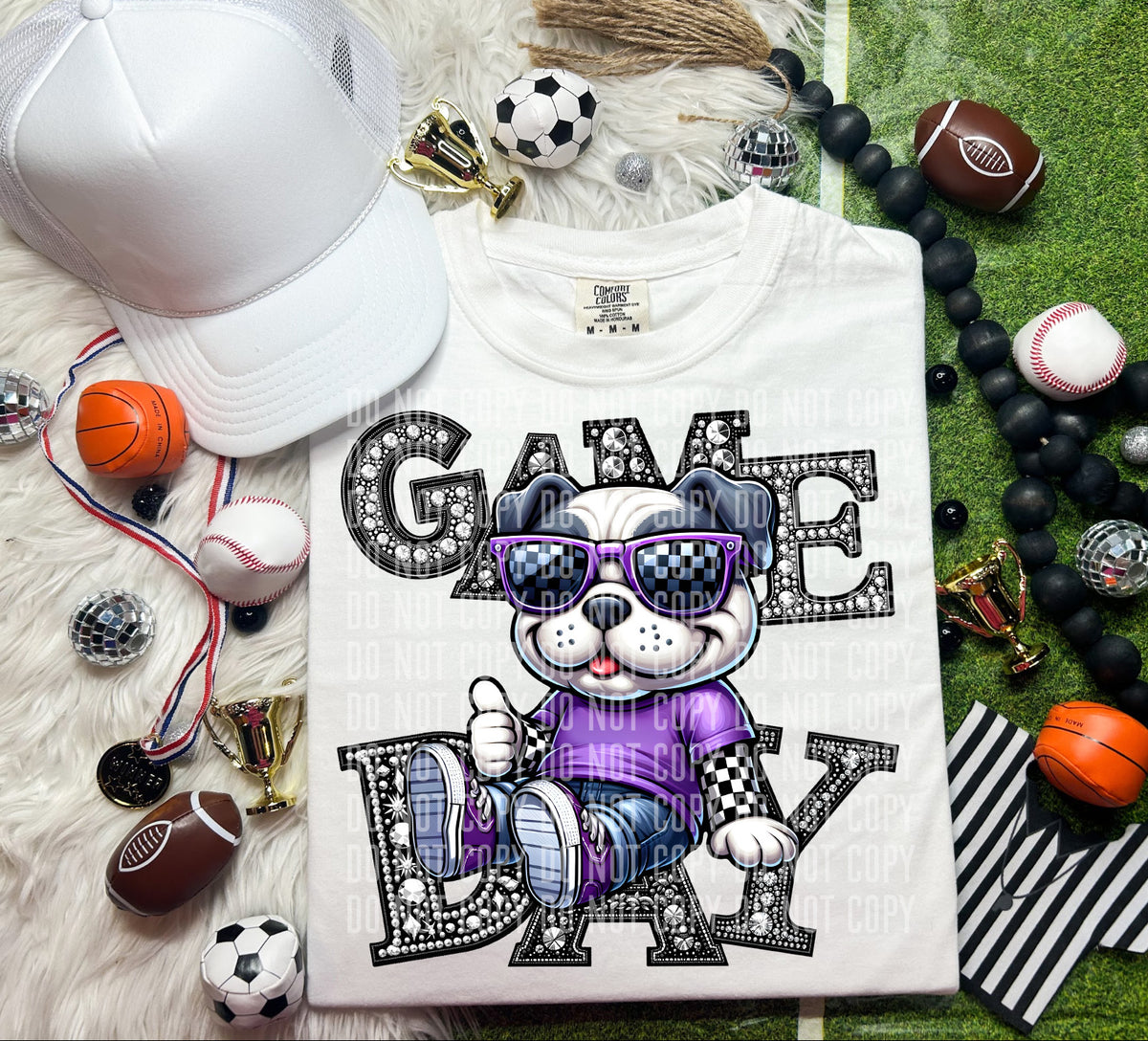 Game Day Silver Rhinestones Checkered Bulldog 54591 DTF transfer