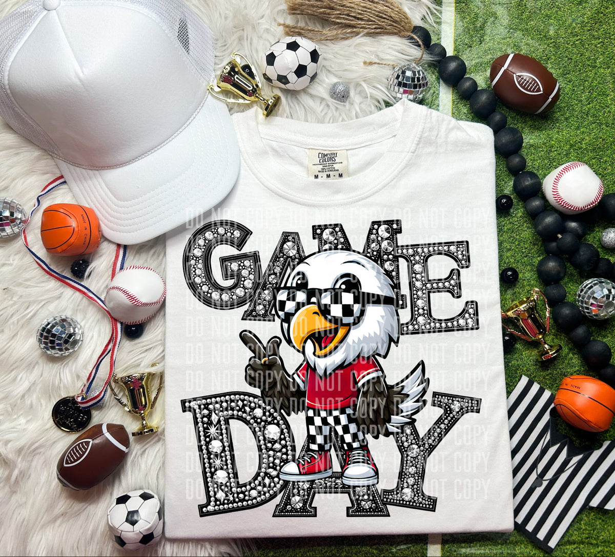 Game Day Silver Rhinestones Checkered Eagle 54593 DTF transfer